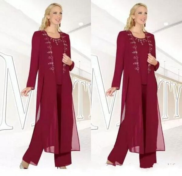 

2018 new burgundy mother of the bride suits with jackets long sleeves sheath chiffon formal wear 3 piece mother's pants suit custom mad, Black;red
