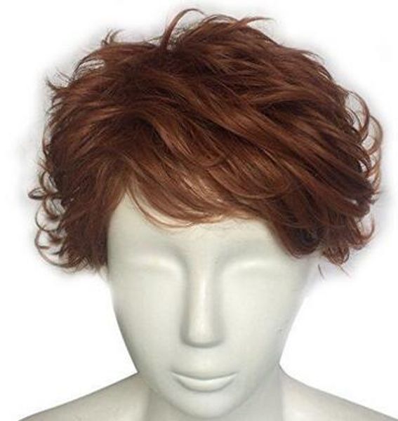 

namecute auburn short toupee curly wigs for man kanekalon synthetic fibre free, Black;brown