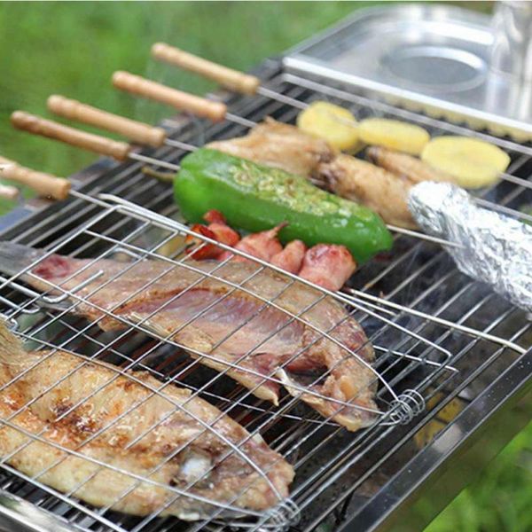 

stainless steel bbq meshes clip folder double fish meat hinged basket tool bbq tool wooden handle barbecue grilling basket