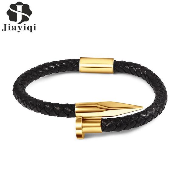 

jiayiqi genuine leather bracelet for men women design stainless steel magnetic clasp braid rope chain punk gift for father, Golden;silver