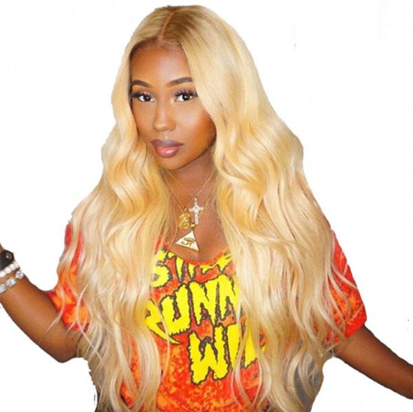 

613 blonde lace front wig for black women 130% body wave peruvian human hair wigs, Black;brown