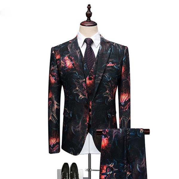 

men print tuxedo suit set slim fit plus size m-6xl mens wedding prom suits with pants male 3 piece suit jacket+vest+pants, White;black