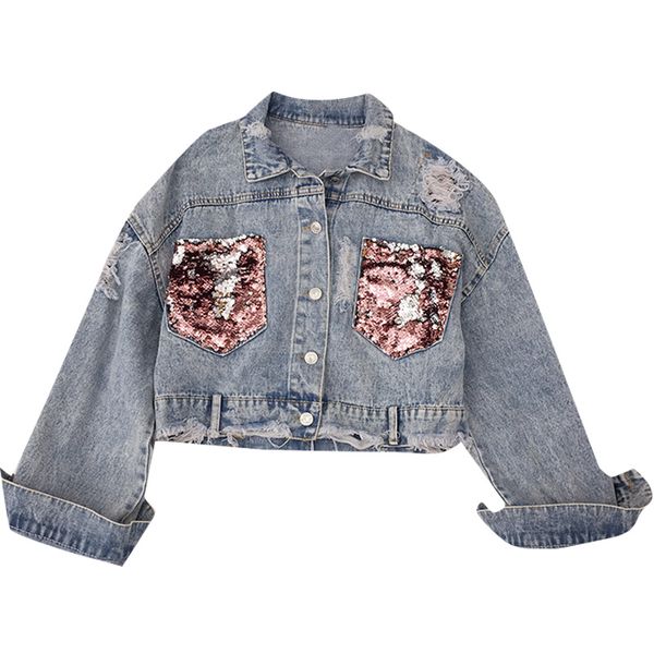 

new fashion denim jacket sequins women jeans hole short jeans jacket shimmer coat casual, Black;brown
