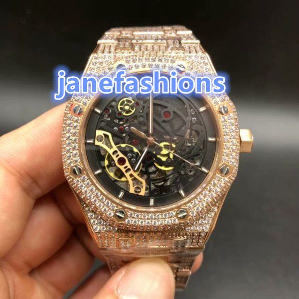 

rose gold men's diamond watches hollow dial fashion hip hop watch automatic mechanical tide men's watch ing, Slivery;brown