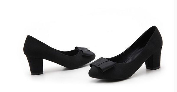 

send spring new style coarse heel middle heel women single shoes, Black