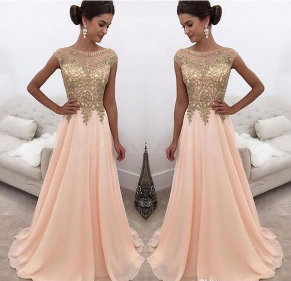 

2018 peach sheer crew neck long prom dresses gold lace appliqued cap sleeves a line chiffon formal party wear formal evening dresses, Black;red