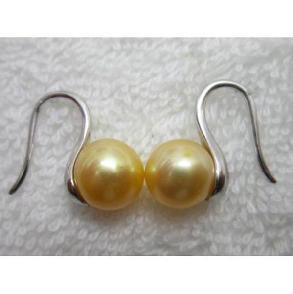 

9-10mm natural round south sea gold pearl earring beautiful white silver hook, Golden