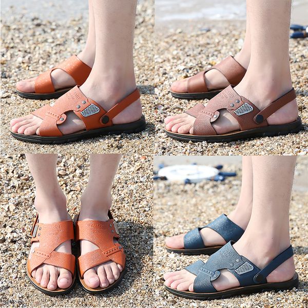 

summer brand designer slippers men sandals brand design slippers split leather men beach sandals brand men casual shoes flip flops, Black