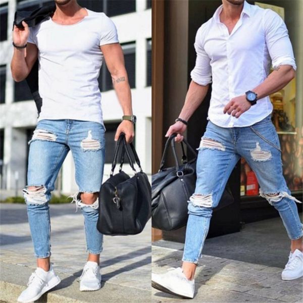 

2018 new fashion men jeans slim biker zipper denim jeans skinny frayed casual pants homme trousers male jean drop shipping, Blue