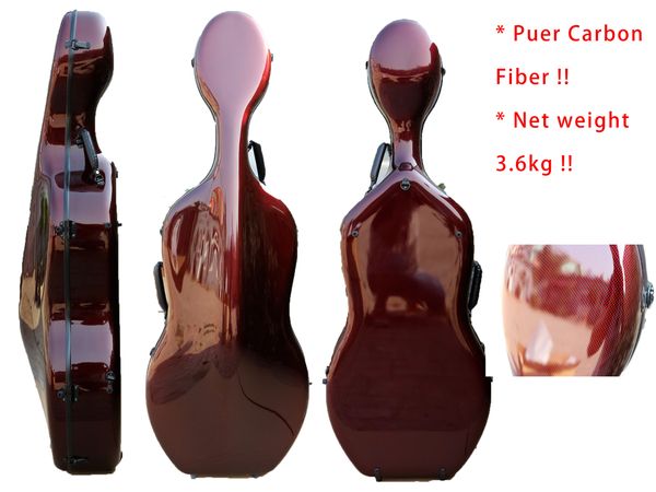 4/4-Cello-Koffer, Cello-Box, reine Kohlefaser, stark, leicht, 3,5 kg, Hartschalenkoffer, Rotweinfarbe, unterstützt 150 kg Druck