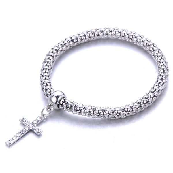 

street fashion simple temperament silver color elastic popcorn chain snake chain cross pendant crystal bracelet women, Golden;silver