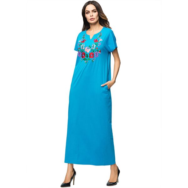 

3187157 sell european and american folk style embroidery robe muslims short sleeved solid pocket long skirt mujer vest ramadan gifts, Red