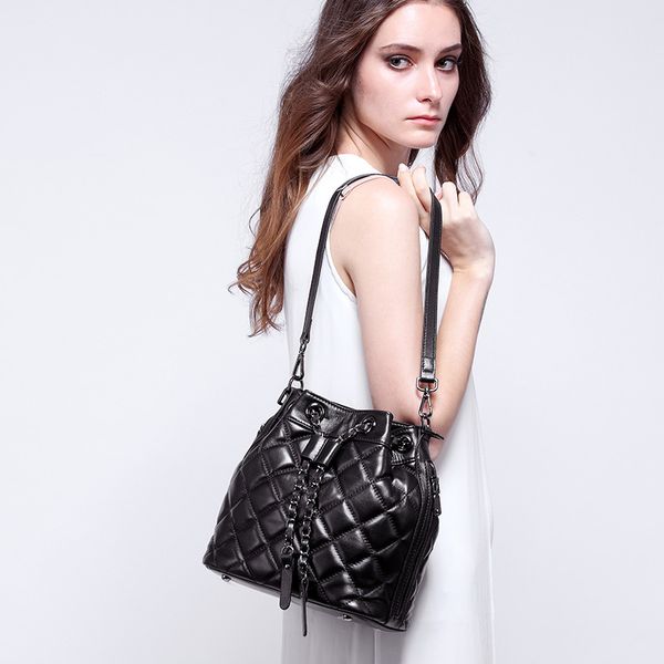 

xw studio qsl-0792 bucket diamond lattice women sheepskin crossbody shoulder bag black/red wine