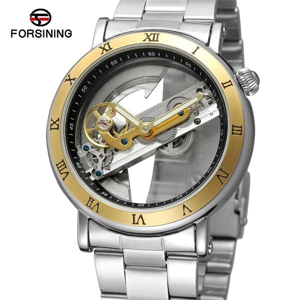 

new fashion winner steel strap men male business watches skeleton automatic mechanical self wind wrist watch bridge cross, Slivery;brown
