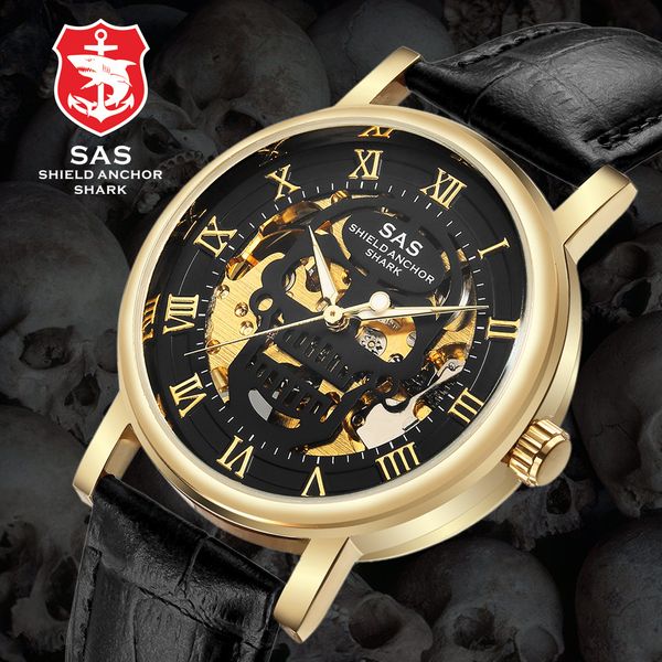 

new luxury fashion mechanical watch men's skull design brand men's car watch leather waterproof erkek kol saa reloj, Slivery;brown