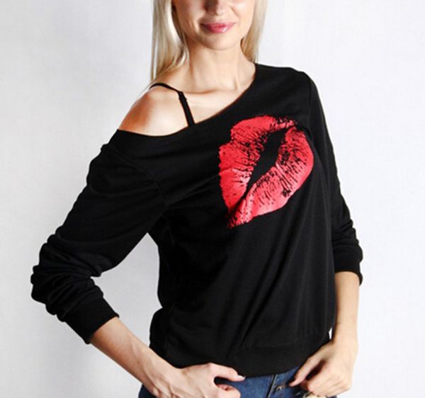 

big lips printed female sweatshirts plus size women off shoulder pullovers red blue purple white s-xxl, Black