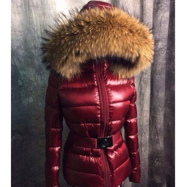 

women winter m duck down coat 100% real raccoon fur collar down jacket outerwear slim down parkas warm coats, Black