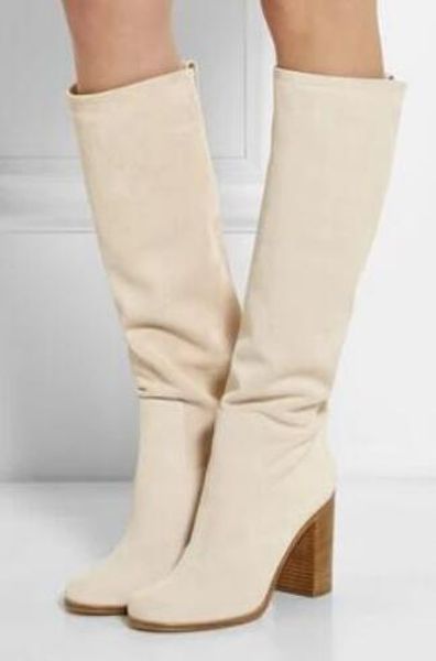 2018 kadın çizmeler bej beyaz renk diz yüksek patik tıknaz topuk tasarım şık parti ayakkabı kadınlar uzun gladyatör botas