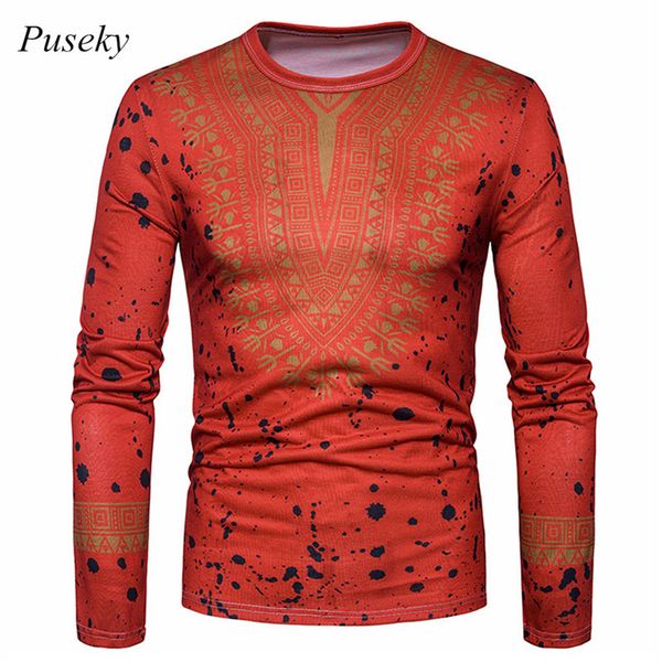 

2018 new men shirt long sleeve o-neck slim fit national ethnic print t shirt casual business black 2xl high quality, White;black