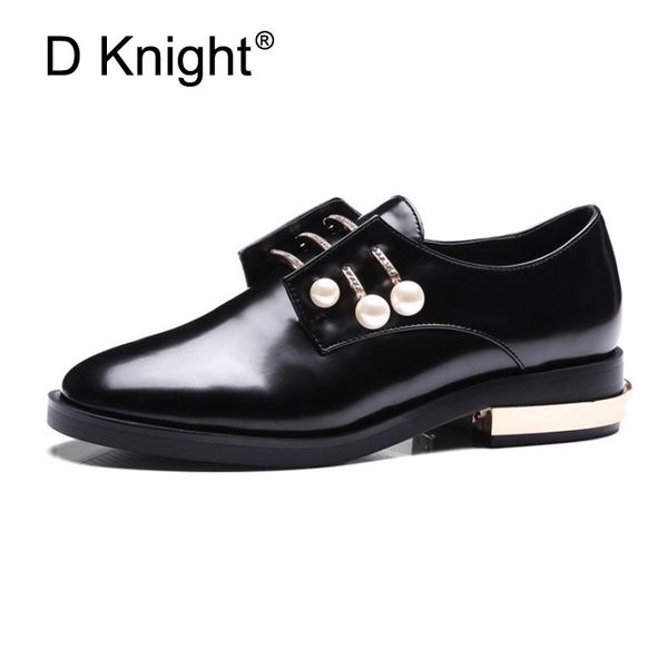 

ladies vintage slip on pearls oxfords shoes leather plus size 43 loafers shoes woman metal casual creepers flats chaussure femme, Black