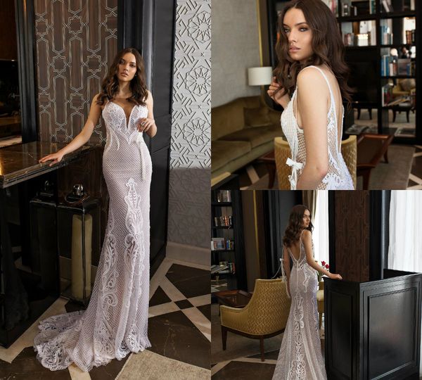 

русалка очаровательные свадебные платья кружевные аппликации с лентой vestidos de novia глубокий v-образным вырезом без рукавов спинки robe, White