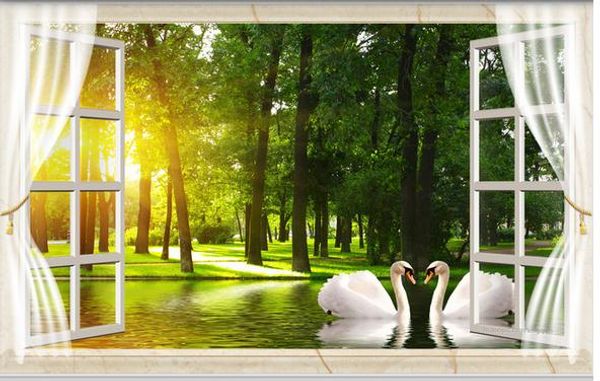 

3d окно лес лебединое озеро тв фон настенные обои для стен 3 д для гостиной