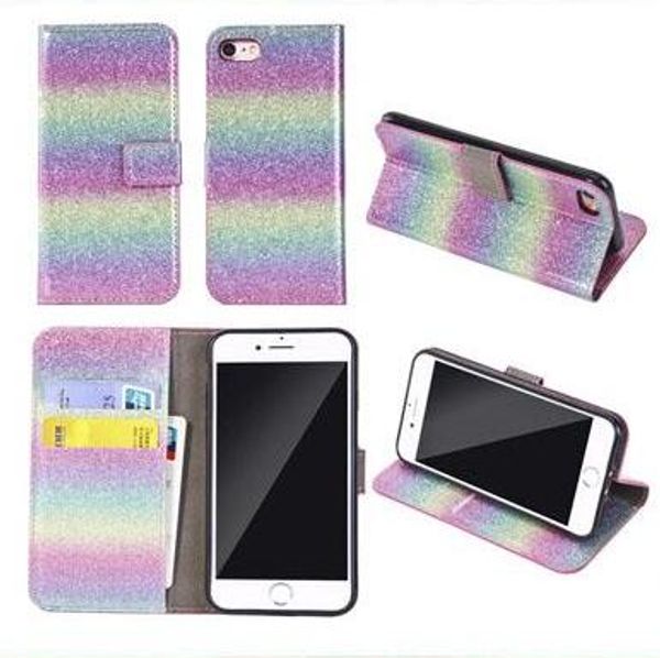 Custodia in pelle a portafoglio con glitter glitter Custodia per carte con gradiente arcobaleno Custodia in pelle per telefono per iPhone Xs Max XR 8 7 6S Plus Samsung S10