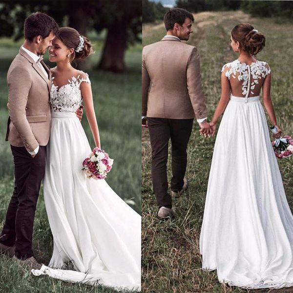 

Beach wedding dre e 2019 boho a line chiffon lace applique heer o neck button back weep train bridal gown ve tido de noiva