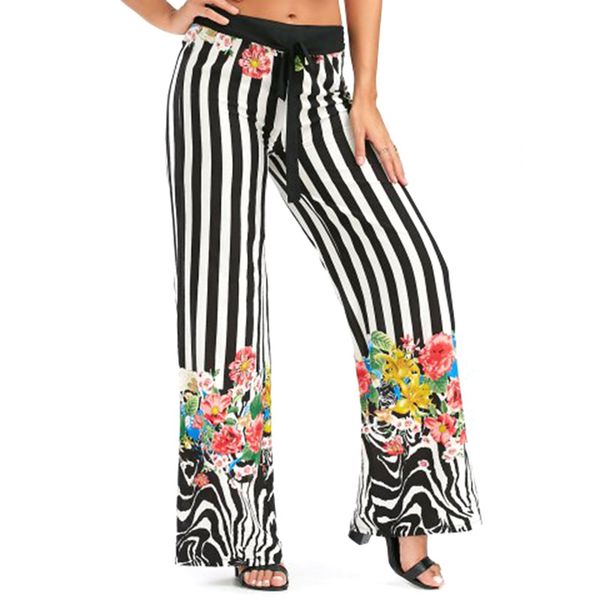 

chulianyouhuo 2017 womens floral printted tie pocket wide leg pants lady striped full length pant mid waist loose long trousers, Black