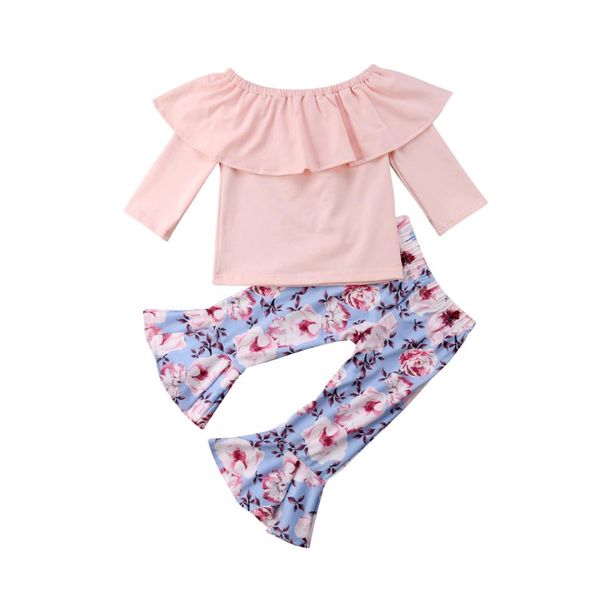 

2018 casual baby girl clothes toddler kids pink lotus collar shirt floral bell-bottoms pants cotton baby clothing outfit, White