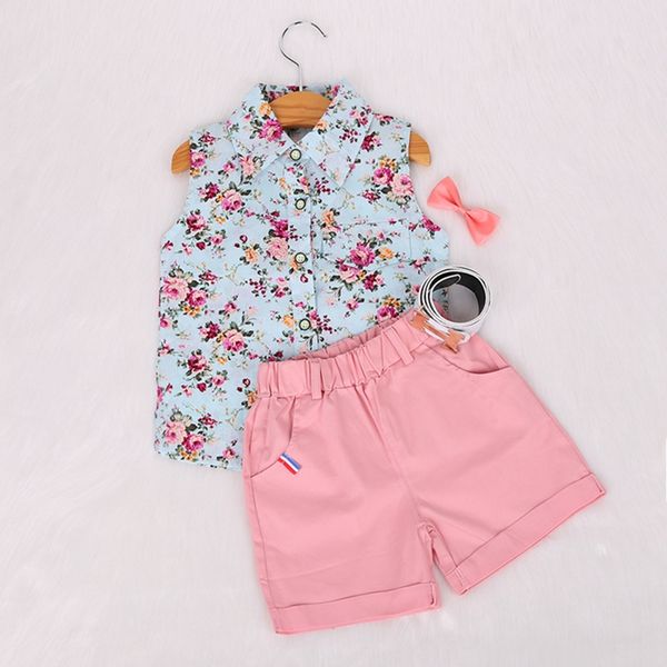 

girls sets baby girl clothing sets summer sleeveless floral shorts set kids vest shorts kids suit girls fashion shirt shorts, White