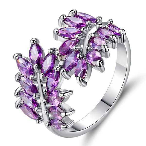 

personality creative leaf ring micro-inlaid zircon jewelry manufacturers wholesale girlfriends purple ring cross-border, Golden;silver