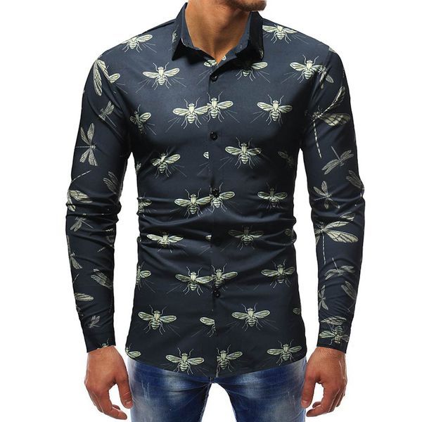 

new sell 2018 men's autumn fashion printed shirts casual long sleeve slim men shirts drop shipping 0730, White;black