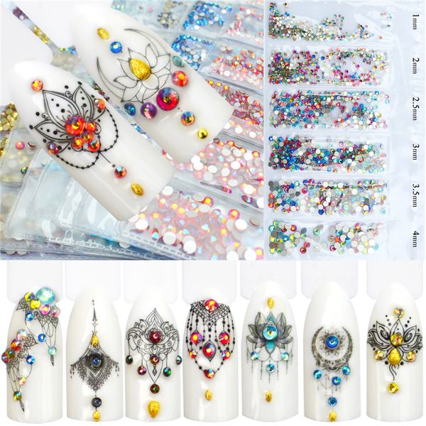 

fwc 1440pcs ab color 3d nail glitter diamond mixed size flatback rhinestones tips tool set for nail art decorations, Silver;gold