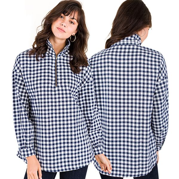 

fashion women's zipper lapel checkerboard long-sleeved shirt hit color plaid shirt women's casual blouses shirts, White