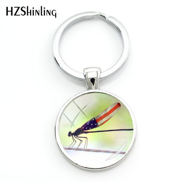 

2018 new fashion funny dragonfly keychain handmade animal silver key chain glass cabochon key holder silver jewelry accessories