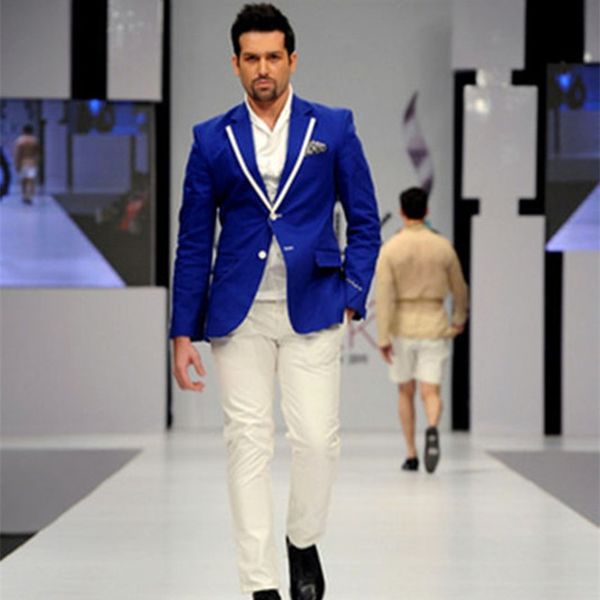 

peaked lapel royal blue men suit with ivory pants 2018 fashion 2 pieces wedding for men mens tuxedos suits (jacket+pants, White;black