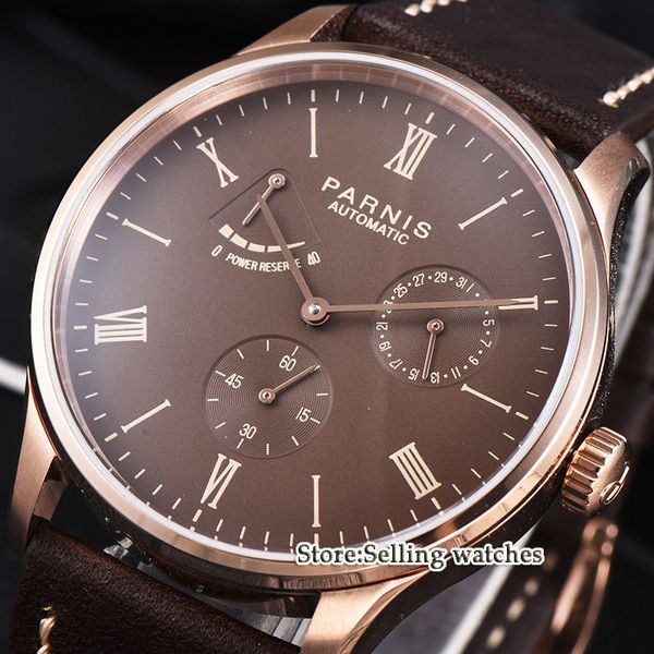 

42mm coffee dial rose case power reserve seagull date automatic men watch, Slivery;brown