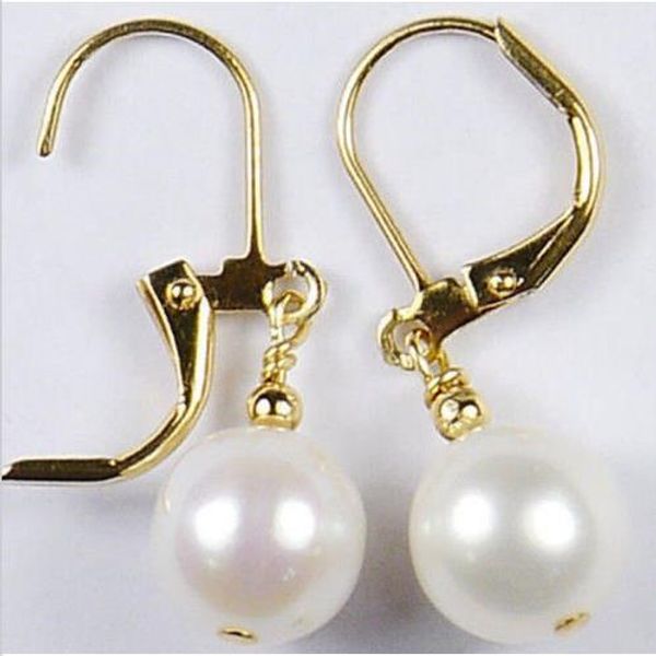 

9-10mm akoya white natural pearl ear drop dangle earring 14k yellow gold hook, Golden