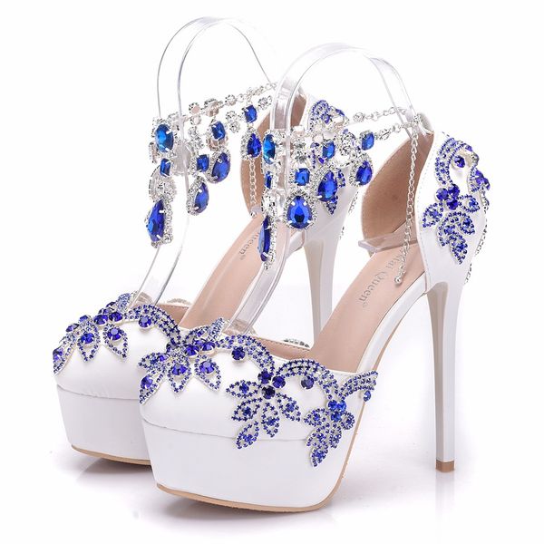 

new handmade elegant round toe shoes for women rhinestone high heel wedding shoes blue crystal thin heels plus size bride shoes, Black