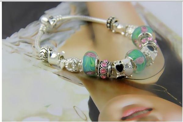 

2018 silver plated copper alloy love bracelet silver tone chain green blue white crystal love heart bead glass charm bracelet
