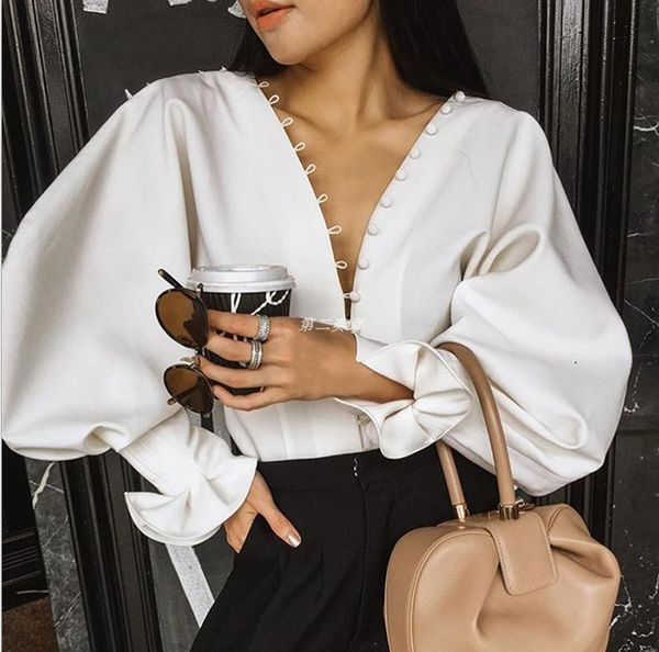 

cakucool women vintage long lantern sleeve blouse shirt v-neck multi buttons blusas slim court runway design blouse female, White