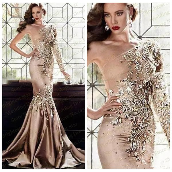 

2018 luxurious crystal beaded slim evening dresses abaya dubai one shoulder rhinestone gowns muslim long sleeve bling bling prom gowns, Black;red