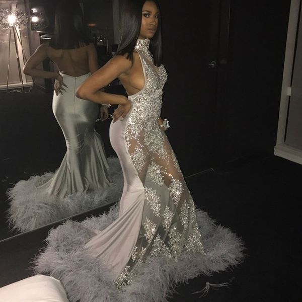 

attractive backless prom dresses sparkly high neck beads lace appliques mermaid party dress see through feather 2k18 prom dresses, Black