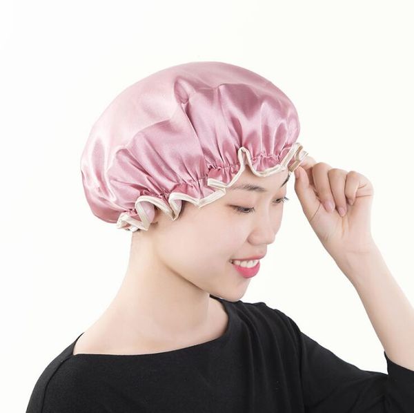 

women shower bath cap satin hats spa elastic disposable bath shower caps hair cover double-layer waterproof bathing cap