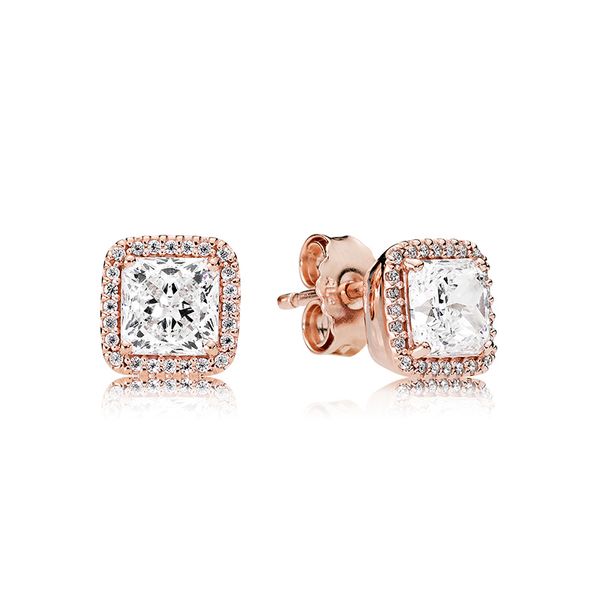 

3 colors 925 sterling silver square cz stone stud earring 18k gold rose gold earrings with original box for pandora women's jewelry, Golden;silver