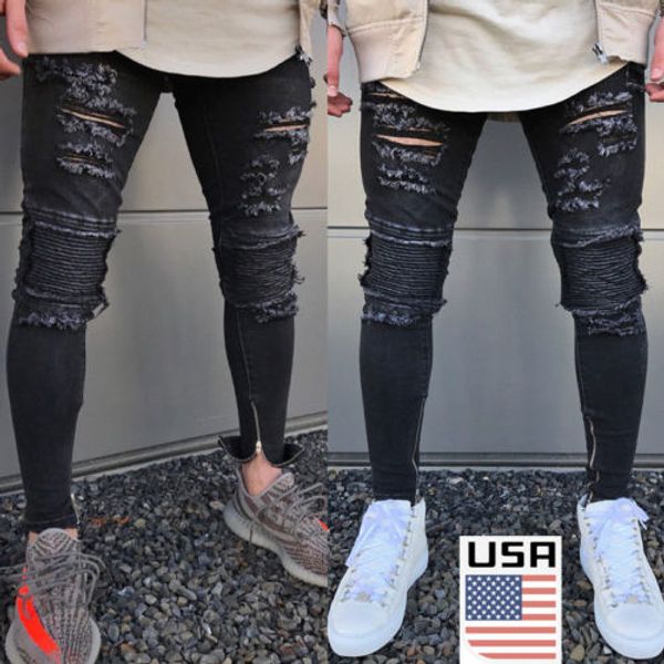 

us stock men slim denim jeans skinny frayed pants distressed rip trousers, Blue