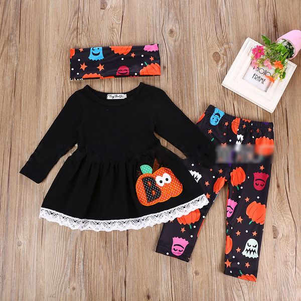 Halloween Baby Pumpkin Roupfits Children Girls Saias de abóbora Top+calça com faixa de cabeça 3pcs/set 2018 Fashion Boutique Kids Clothing Conjuntos C4744