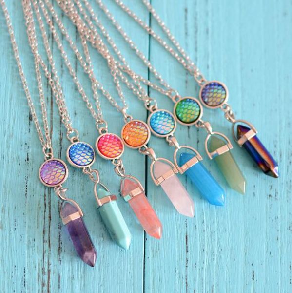 

hexagonal crystal pink purple quartz natural stone pendant chakra fish scale druzy drusy necklace with 50cm stainless steel chain, Silver