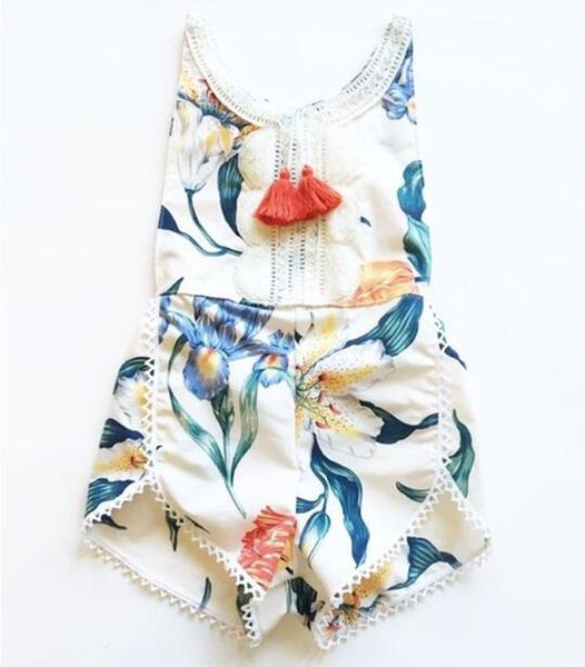

ins baby tassel romper jumpsuits summer toddler kids floral printed kids clothing floral bodysuit romper girls cotton shorts jumpsuit by0056, Blue